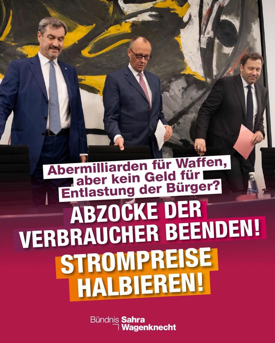 SevimDagdelen's tweet photo. Kaum im Amt, zeigt die schwarz-rote Koalition schon, was sie vom eigenen Koalitionsvertrag hält: herzlich wenig. Statt wie zugesagt die #Stromsteuer für Verbraucher zu senken, erklärt die #Merz-Regierung plötzlich, dafür sei „derzeit kein finanzieller Spielraum“. Die Realität sieht jedoch anders aus – denn für Aufrüstung, Kriegsfinanzierung und internationale Rüstungshilfen scheint Geld unbegrenzt vorhanden zu sein. Allein in diesem Jahr sollen erneut 9 ‼️  Milliarden Euro für Waffenlieferungen an die Ukraine ausgegeben werden. Für Entlastungen im Alltag der Bürger? Fehlanzeige.

Es ist der altbekannte politische Taschenspielertrick: Sozialversprechen werden kassiert, während Milliarden in militärische Projekte fließen. Gleichzeitig wird den Menschen erzählt, der Staat könne sich keine fünf Milliarden Euro für eine Stromsteuersenkung leisten – ein Hohn angesichts der geplanten Rüstungsausgaben von über 150 Milliarden Euro bis 2029.

Was wir erleben, ist keine wirtschaftliche Notlage – es ist politischer Wille, gezielte Belastung der Bürger und Missachtung der eigenen Zusagen. Die Strompreis-Abzocke muss endlich gestoppt werden. Nur so bleibt der Standort Deutschland zukunftsfähig – und die Politik glaubwürdig.