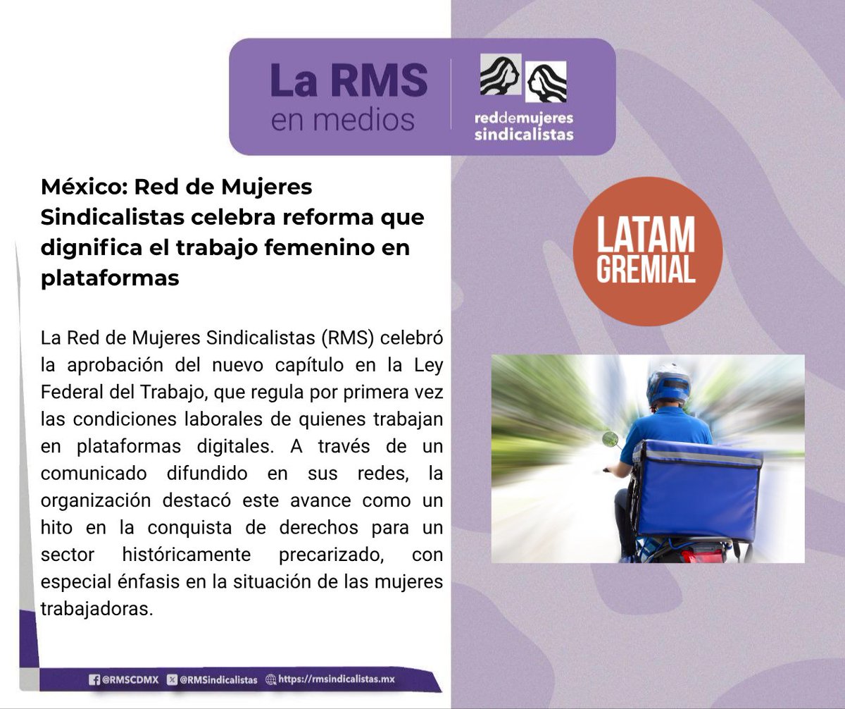 Red de Mujeres Sindicalistas (@rmsindicalistas) on Twitter photo 📰México: Red de Mujeres Sindicalistas celebra reforma que dignifica el trabajo femenino en plataformas
Les compartimos la nota que publica <a href="/latamgremial/">Latam Gremial</a> sobre nuestro posicionamiento de la #LeyRepartidores
🔗tinyurl.com/29dc8hc8 📰México: Red de Mujeres Sindicalistas celebra reforma que dignifica el trabajo femenino en plataformas
Les compartimos la nota que publica <a href="/latamgremial/">Latam Gremial</a> sobre nuestro posicionamiento de la #LeyRepartidores
🔗tinyurl.com/29dc8hc8