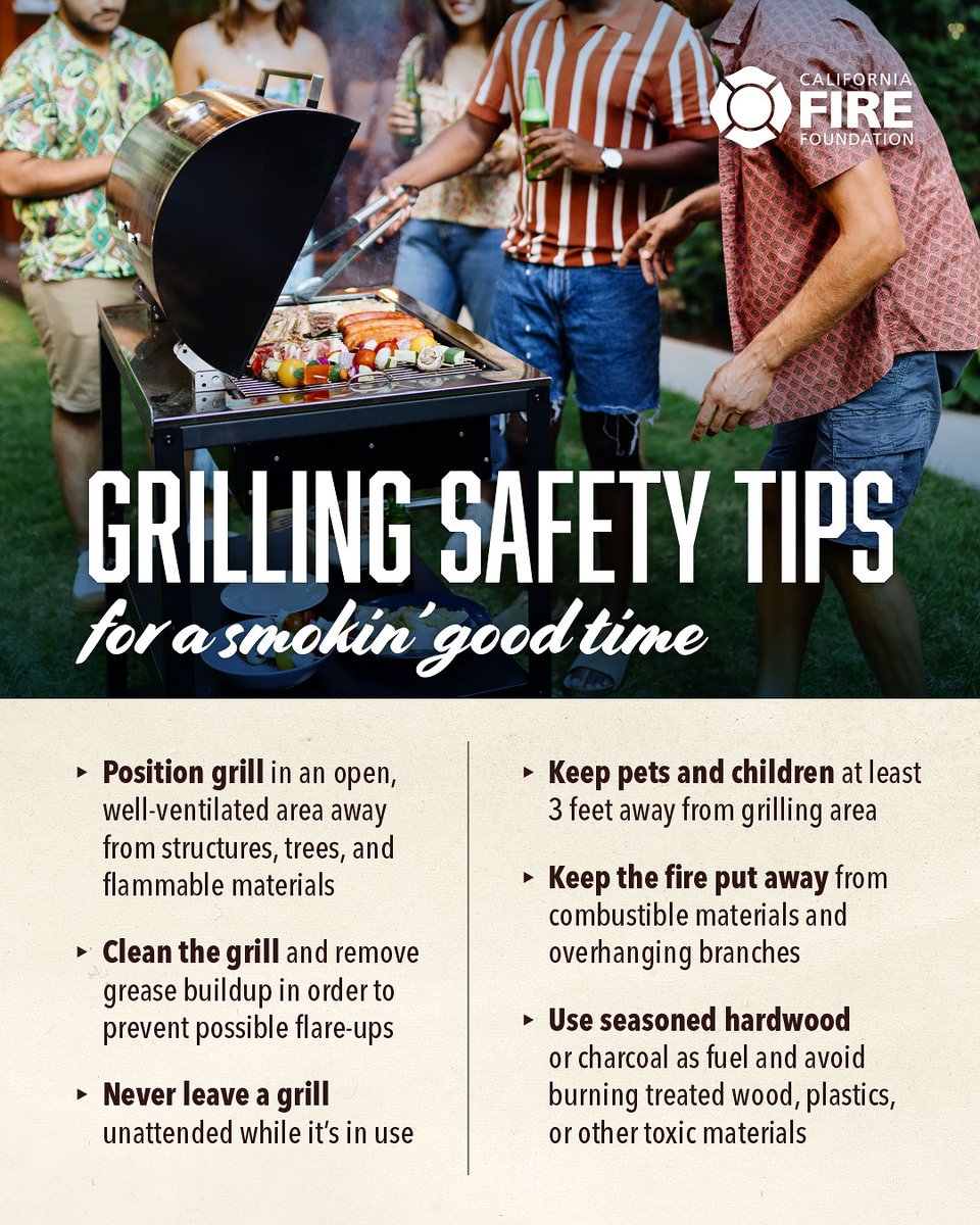 CAFireFound's tweet image. It’s National Grilling Day! 🔥🍔 As you enjoy the sizzle and smoke, don’t forget—fire safety matters. Let’s keep the flames on the grill and out of harm’s way. Find more fire safety and prevention tips at FirefightersOnYourSide.org
#NationalGrillingDay #GrillSafe