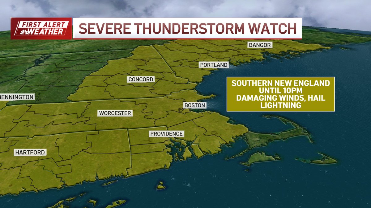 Dominic Brown (@dominicbrowntv) on Twitter photo First Alert: Today is a First Alert in the Greater Boston area. A Severe Thunderstorm Watch is in effect for southern New England until 10 p.m. Storms could produce damaging winds, large hail and frequent lightning this afternoon and evening. <a href="/NBC10Boston/">NBC10 Boston</a> #firstalert First Alert: Today is a First Alert in the Greater Boston area. A Severe Thunderstorm Watch is in effect for southern New England until 10 p.m. Storms could produce damaging winds, large hail and frequent lightning this afternoon and evening. <a href="/NBC10Boston/">NBC10 Boston</a> #firstalert