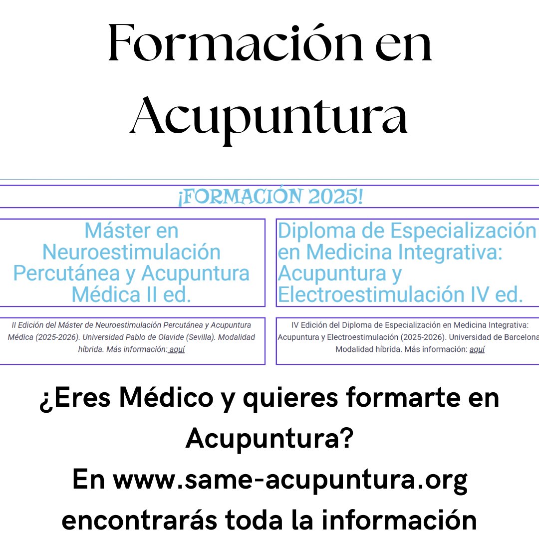¿Eres médico y quieres formarte en Acupuntura?
En nuestra página web same-acupuntura.org encontrarás toda la información.
Puedes estudiar a distancia con los mejores docentes y realizar tus prácticas en los centros asignados.