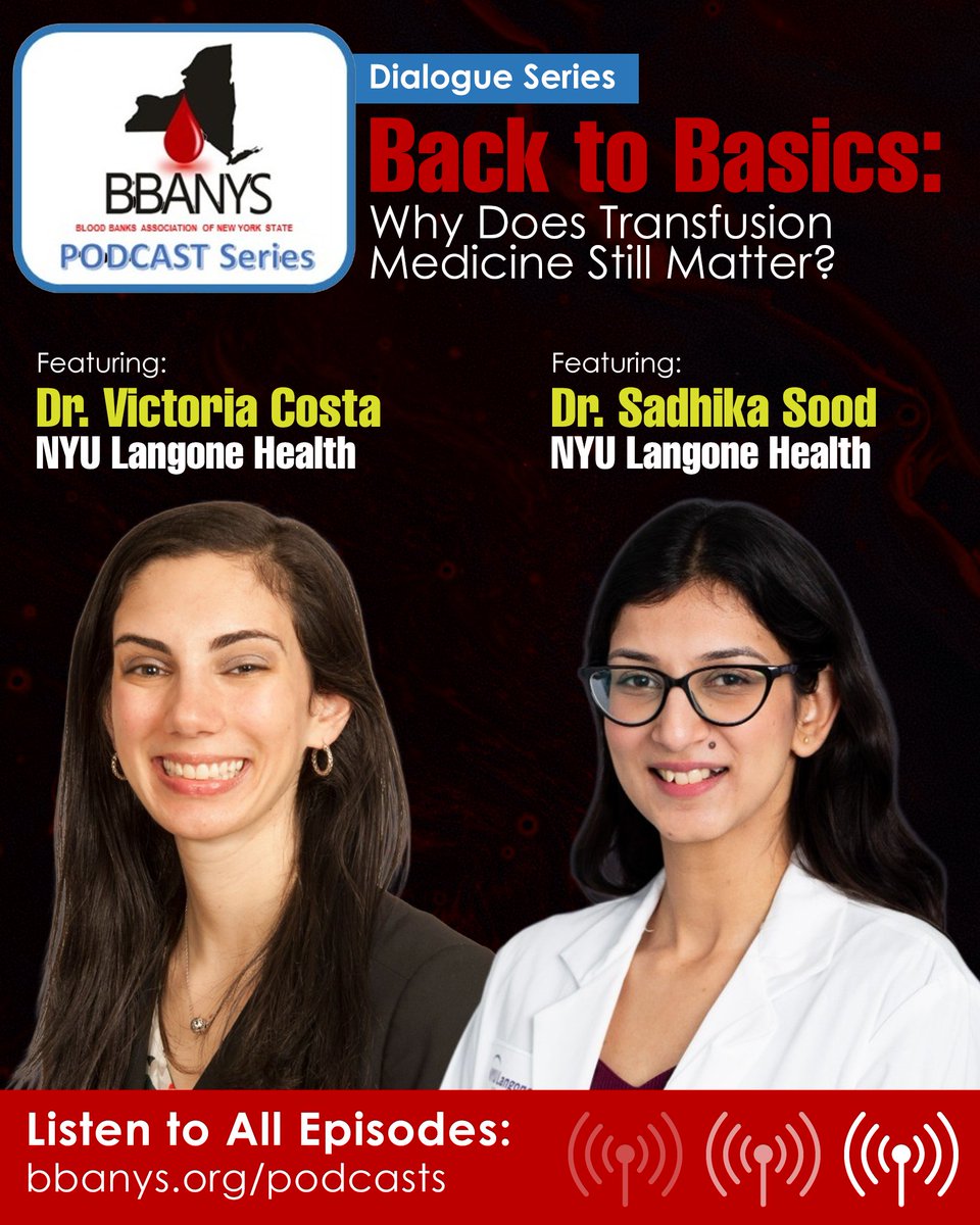 BBANYS (@bba_nys) on Twitter photo open.spotify.com/episode/7lqW7d…
In this episode of the #BBANYSpodcast, Dr. Victoria Costa & Dr. Sadhika Sood from NYU Langone Health engage in an informal conversation about the evolving role & ongoing importance of transfusion medicine in 2025. open.spotify.com/episode/7lqW7d…
In this episode of the #BBANYSpodcast, Dr. Victoria Costa & Dr. Sadhika Sood from NYU Langone Health engage in an informal conversation about the evolving role & ongoing importance of transfusion medicine in 2025.