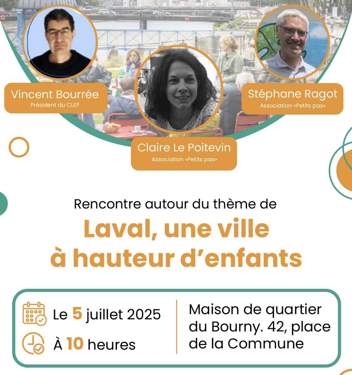 🧒 Laval, une ville à hauteur d’enfants ? 
On en parle ensemble pour notre prochaine rencontre publique ! 

📆 Samedi 5 juillet à 10h
Maison de quartier du Bourny
Entrée libre et ouverte à toutes et tous

Un moment d’échange autour de la place des enfants en ville !
#LavalÀVenir