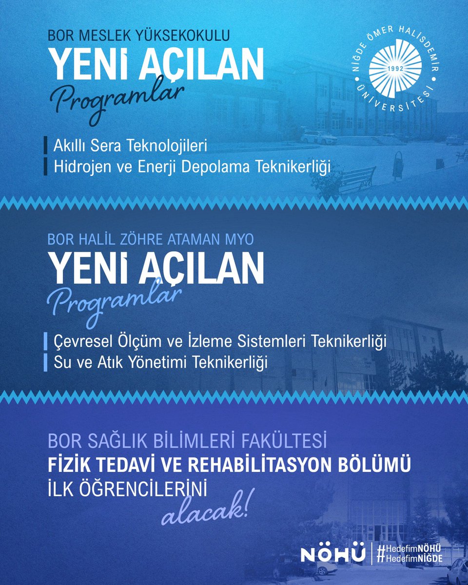 Bor yerleşkemizdeki okullarımızda dört yeni programımız ve bu yıl ilk defa öğrenci alacak Fizik Tedavi ve Rehabilitasyon Bölümümüz ile gelişimimiz hızla sürüyor💫🙋🏻‍♂️
Hayırlı olsun🤲🏻

#NÖHÜ
#Niğde