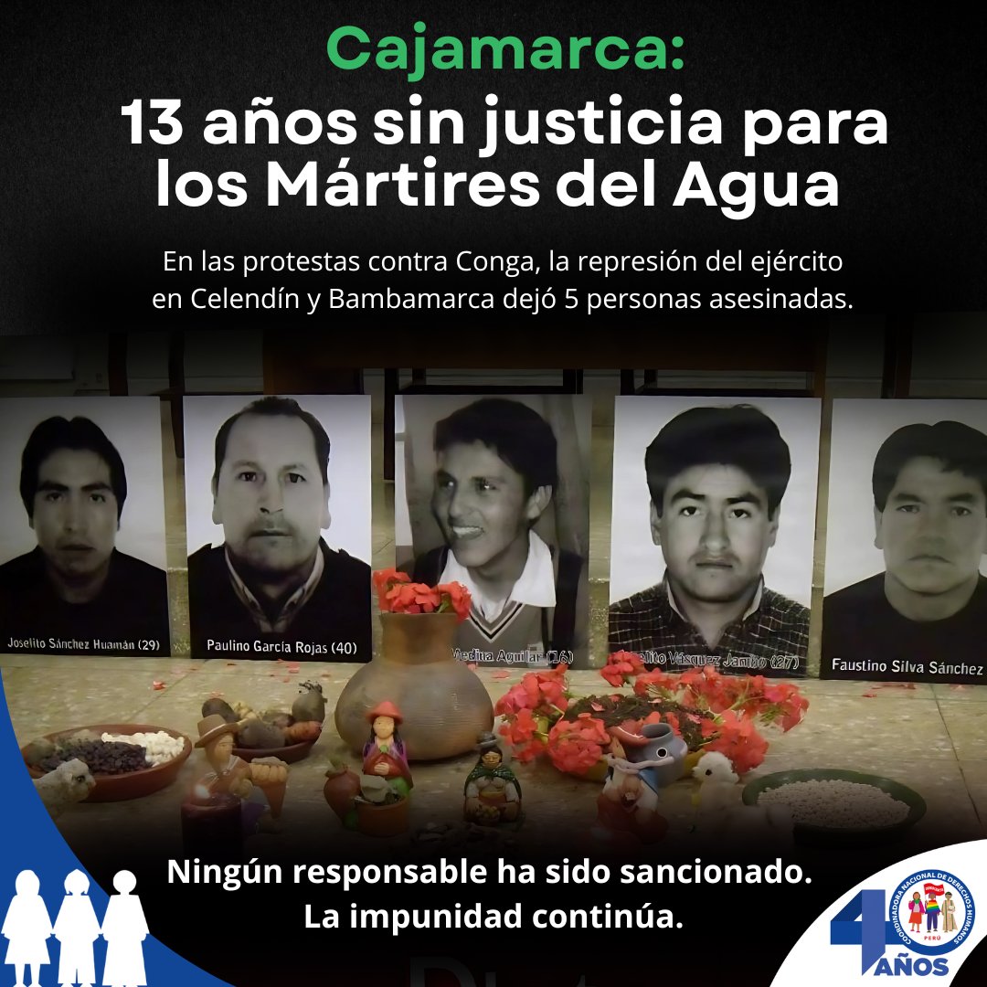 cnddhh's tweet photo. 🔴 #Cajamarca | 13 años sin justicia para los Mártires del Agua
El 3 y 4 de julio de 2012, durante las movilizaciones contra el proyecto minero Conga, fuerzas del orden reprimieron violentamente a la población en Celendín y Bambamarca. El saldo: 5 personas asesinadas.

Entre ellas estaba César Medina Aguilar, un adolescente que solo había salido a un internet a hacer su tarea del colegio. Recibió un disparo en la cabeza mientras caminaba por la calle. No estaba protestando, no tenía armas, no representaba ningún peligro. Su caso hoy se encuentra en instancias internacionales.

Exigimos al Estado investigar y sancionar a los responsables, otorgar reparación integral a las familias de las víctimas y garantizar medidas de no repetición, tal como lo establece la @CIDH. Han pasado 13 años sin justicia; la impunidad persiste y la familia de César, así como las demás víctimas, siguen esperando justicia.

#JusticiaParaCesarMedina #MártiresDelAgua