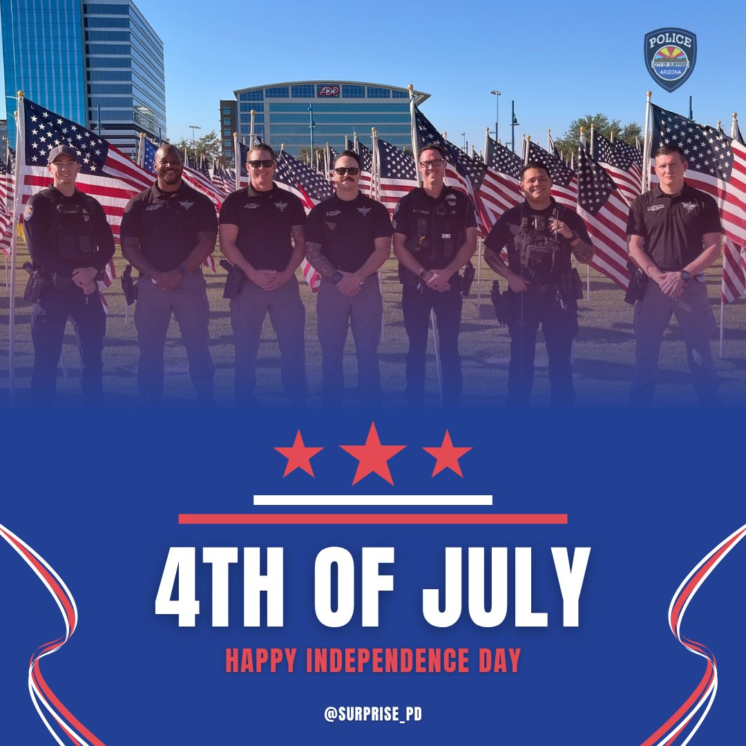 Surprise_PD's tweet image. 🇺🇸 Happy Fourth of July from the Surprise Police Department!
As we come together to celebrate our nation’s independence, the Surprise Police Department encourages everyone to enjoy the festivities safely and responsibly.
Drive sober—never get behind the wheel under the…