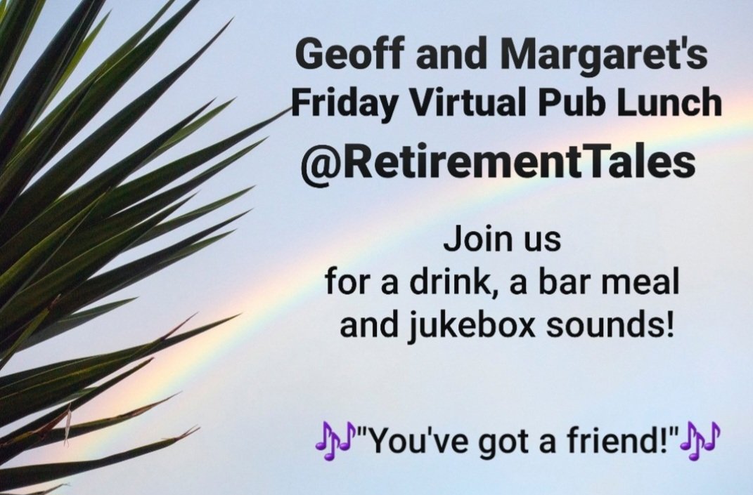 Tomorrow, from midday:
It's only the return of the Friday Virtual Pub Lunch!

It's like old times, but these days the pub is virtual and the jukebox is Spotify. And, much like Club Tropicana, drinks are free.

Place your orders here:
A drink
A meal
and a song for the jukebox.
⬇️