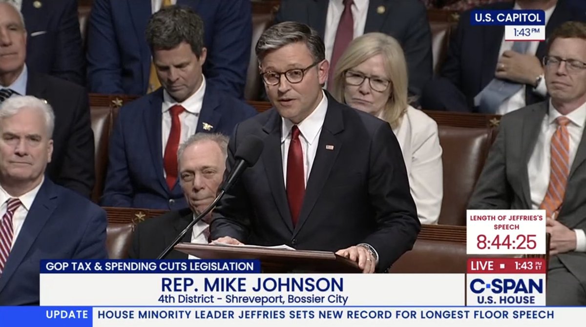 Taylor Popielarz (@taylorpopielarz) on Twitter photo <a href="/RepJeffries/">Hakeem Jeffries</a> Now <a href="/SpeakerJohnson/">Speaker Mike Johnson</a> is up.
He can also speak for as long as he wants, but his remarks are expected to be much shorter because he and the Republican conference want to vote on President Trump's "Big Beautiful Bill" as soon as possible. <a href="/RepJeffries/">Hakeem Jeffries</a> Now <a href="/SpeakerJohnson/">Speaker Mike Johnson</a> is up.
He can also speak for as long as he wants, but his remarks are expected to be much shorter because he and the Republican conference want to vote on President Trump's "Big Beautiful Bill" as soon as possible.
