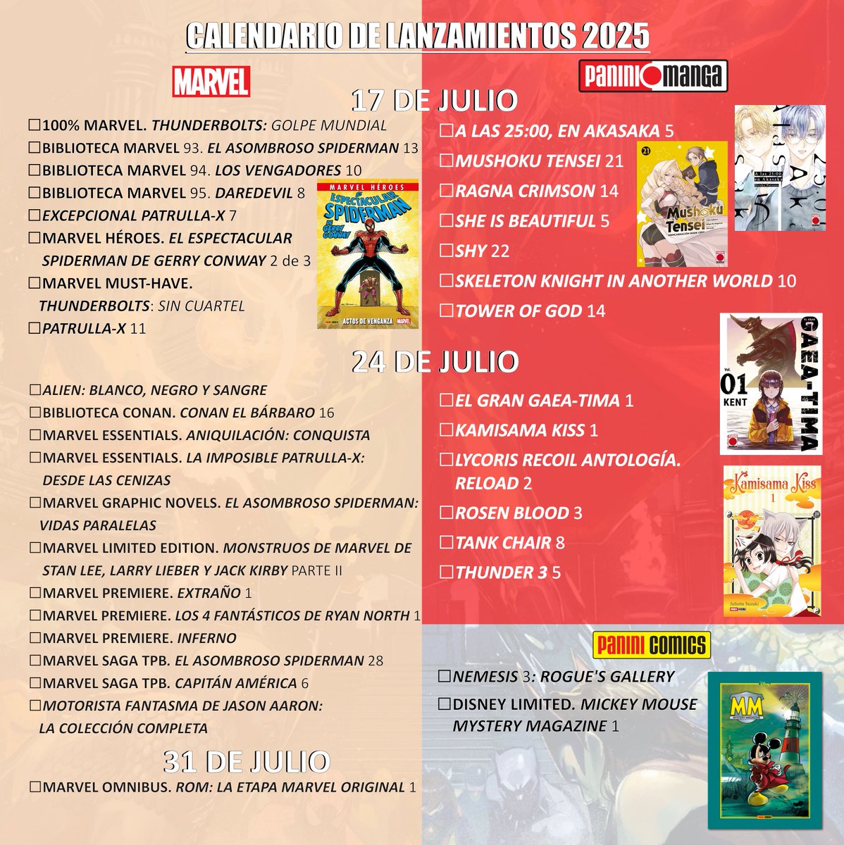 PaniniComicsEsp's tweet image. ✅Todo el checklist de Panini para julio: DC, manga, Marvel, Disney, Millarverse...