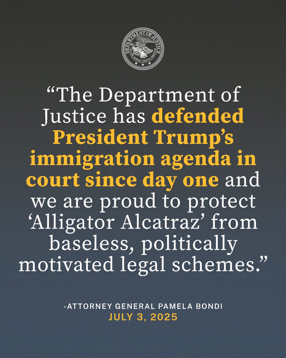 U.S. Department of Justice (@thejusticedept) on Twitter photo Justice Department Files Motion to Prevent Construction Delays for “Alligator Alcatraz” Immigration Detention Center in Florida
Attorneys in <a href="/DOJEnvironment/">DOJ Environment and Natural Resources Division</a>'s Natural Resources Section are handling the case.
🔗: justice.gov/opa/pr/justice… Justice Department Files Motion to Prevent Construction Delays for “Alligator Alcatraz” Immigration Detention Center in Florida
Attorneys in <a href="/DOJEnvironment/">DOJ Environment and Natural Resources Division</a>'s Natural Resources Section are handling the case.
🔗: justice.gov/opa/pr/justice…