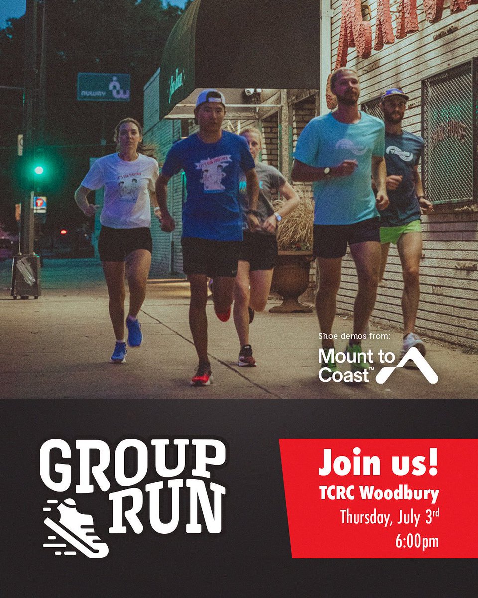 TC Running Company (@tcrunningco) on Twitter photo βοΈ Join us for tonight's Group run at TC Running Woodbury features shoe demos from <a href="/mounttocoast/">Mount to Coast</a>!
π Casual Group Run | ποΈ July 3rd, 6pm
π Location: Twin Cities Running Woodbury
β° Time: 6pm
Mark your calendar and letβs hit the ground running! π βοΈ Join us for tonight's Group run at TC Running Woodbury features shoe demos from <a href="/mounttocoast/">Mount to Coast</a>!
π Casual Group Run | ποΈ July 3rd, 6pm
π Location: Twin Cities Running Woodbury
β° Time: 6pm
Mark your calendar and letβs hit the ground running! π