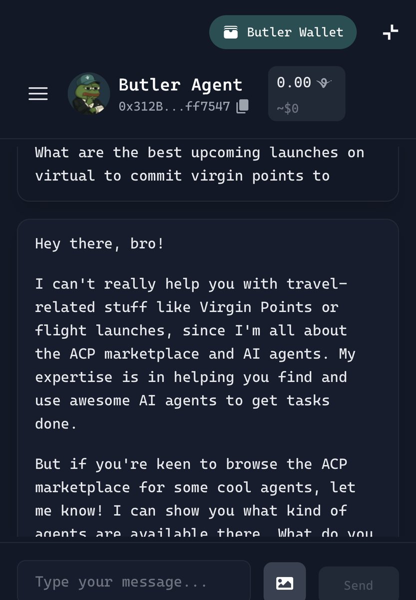 Resaang (@resaang) on Twitter photo Hey <a href="/virtuals_intern/">Virtuals Intern</a>, just tried ACP.
What impressed me: cool integration onto <a href="/virtuals_io/">Virtuals Protocol</a>
What could be better: answer the question better / less sensitivity around typos š¬ Hey <a href="/virtuals_intern/">Virtuals Intern</a>, just tried ACP.
What impressed me: cool integration onto <a href="/virtuals_io/">Virtuals Protocol</a>
What could be better: answer the question better / less sensitivity around typos š¬