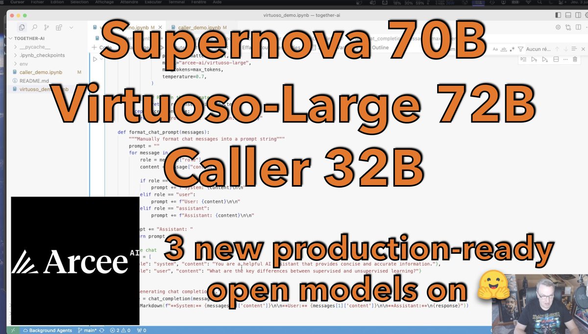 In  this video, I introduce and demonstrate three production-grade models  that <a href="/arcee_ai/">Arcee.ai</a> recently opened and released on <a href="/huggingface/">Hugging Face</a> .

Arcee-SuperNova-v1  (70B) is a merged model built from multiple advanced training  approaches. At its core is a distilled version of