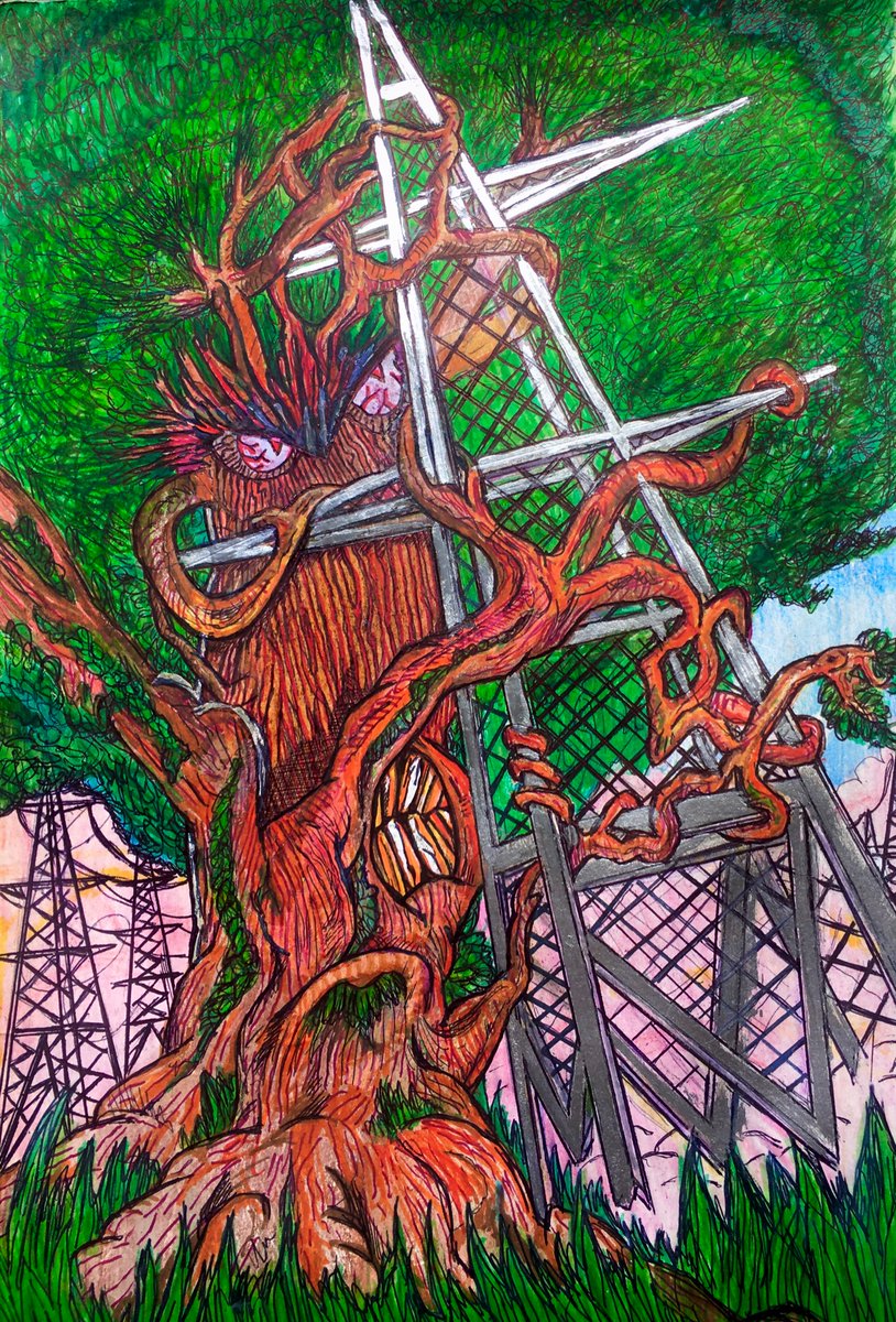 adwebbow's tweet photo. Our band Mystery Tree Beast are a music art and digital project. Here's a drawing I did of a tree getting angry with a pylon. https://t.co/tCvyyZTrT9