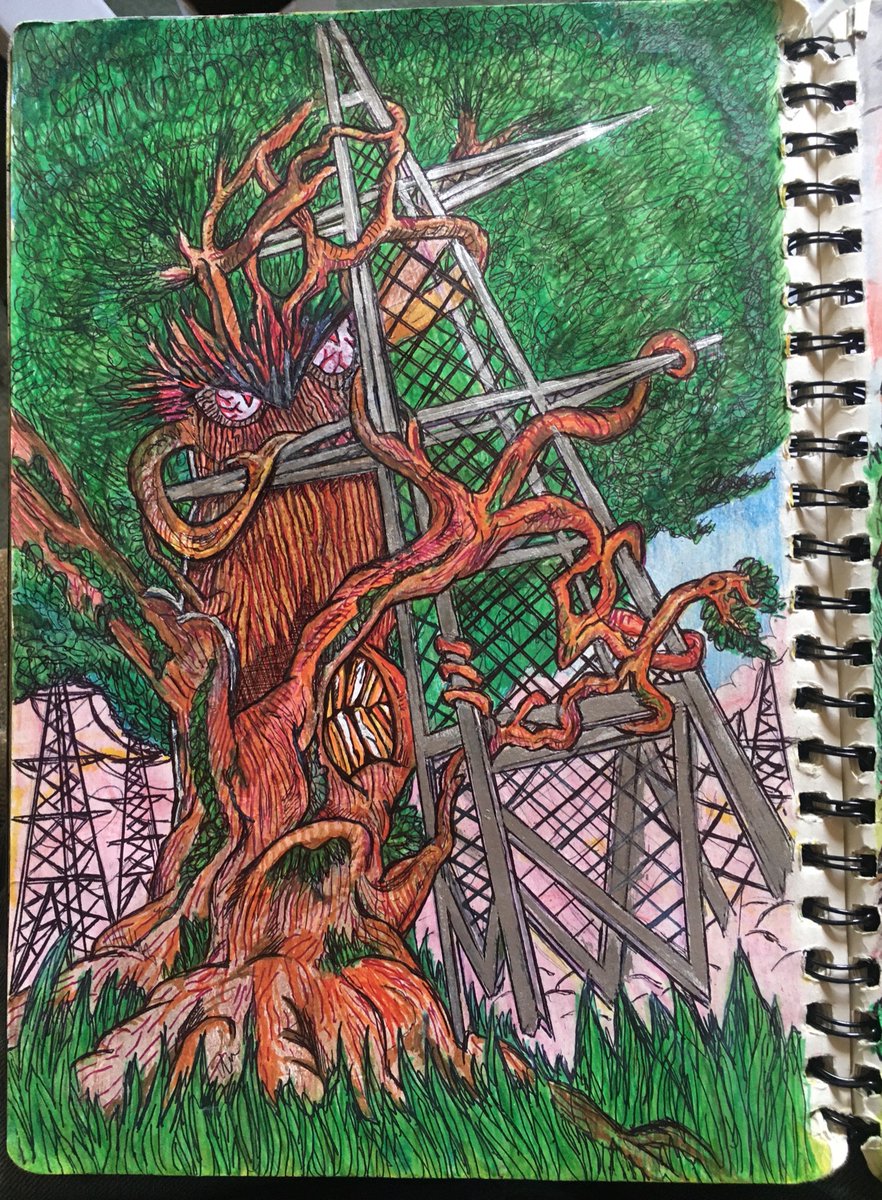 adwebbow's tweet photo. Our band Mystery Tree Beast are a music art and digital project. Here's a drawing I did of a tree getting angry with a pylon. https://t.co/tCvyyZTrT9