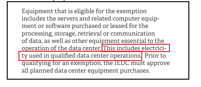 This is WILD

Not only do the Data Centers get a 25-50 year sales tax exemption on equipment, like servers, but they ALSO get a sales tax exemption on the electricity to power the equipment. 

Chat GPT Example
Imagine a data center that:
-Buys $500 million in hardware → Saves