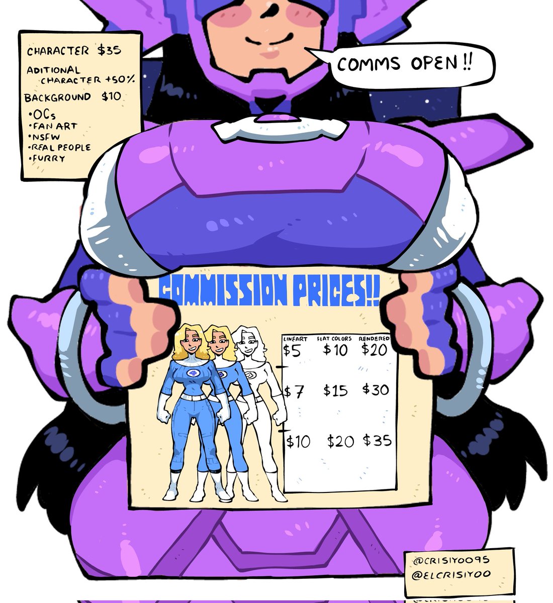 CRISIYOO95's tweet image. OPEN COMMISSIONS!! π£οΈπ₯π₯π₯βΌοΈ
COMMISSION PRICE !!π¦Έπ
Any questions DM π
#FantasticFourβ―β―β―β―β―β― #FantasticFourFirstSteps
#MarvelRivals #Marvel #MarvelGames #Galacta #MarvelRivalsfanart
#commsopen