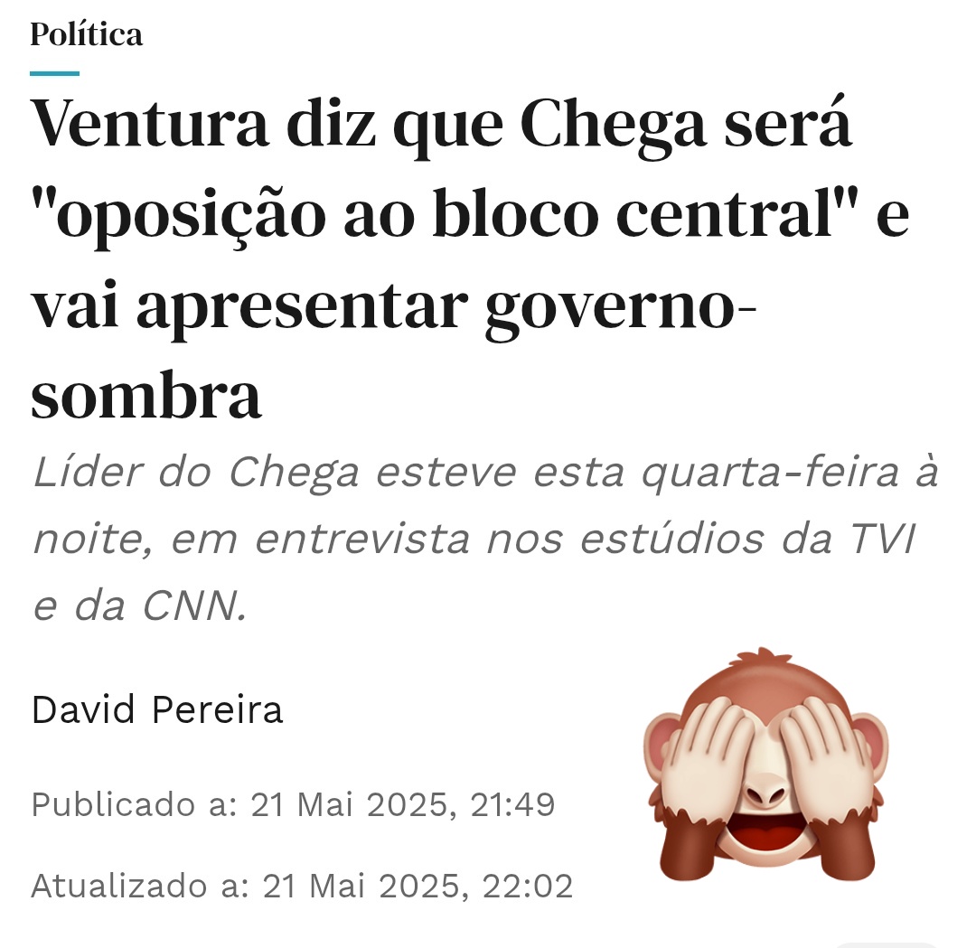 Já passaram dois meses e o prometido Governo sombra do Chega continua na sombra.
Ventura fala, fala, fala, fala, fala e nunca cumpre nada.
