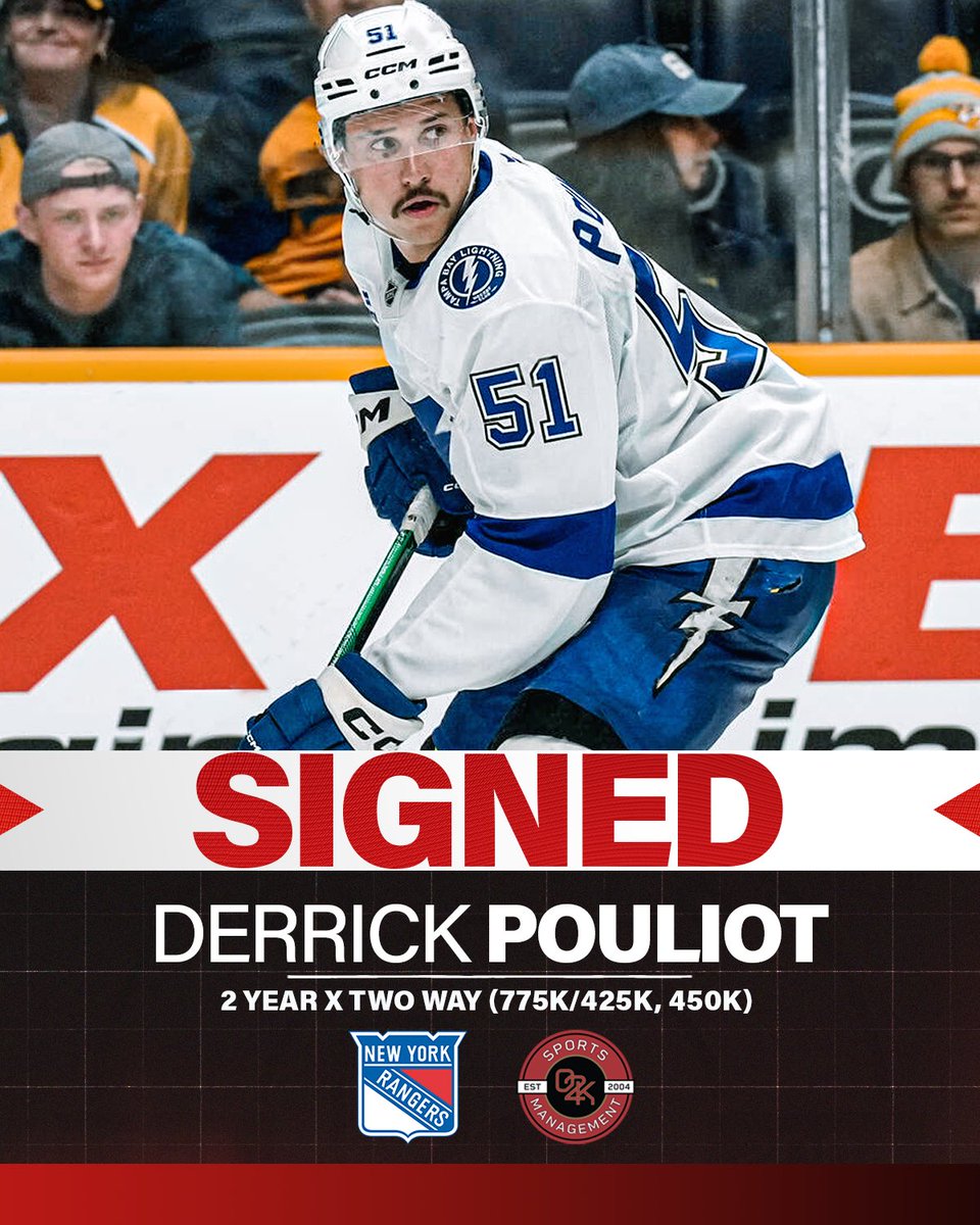 O2K Sports Management (@o2ksports) on Twitter photo Double for Derrick 🍎 Congratulations to O2K client Derrick Pouliot on signing a 2 year, two-way contract with the <a href="/NYRangers/">New York Rangers</a>!
425k guaranteed first year, 450 guaranteed second year.
#nyrangers #ittakeseveryone #nyr #NHLFreeAgency Double for Derrick 🍎 Congratulations to O2K client Derrick Pouliot on signing a 2 year, two-way contract with the <a href="/NYRangers/">New York Rangers</a>!
425k guaranteed first year, 450 guaranteed second year.
#nyrangers #ittakeseveryone #nyr #NHLFreeAgency
