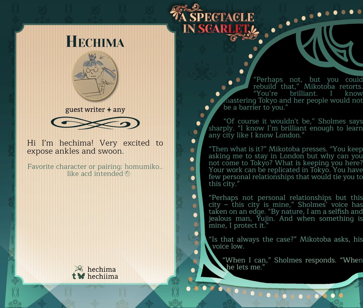 ⛓️ SPECIAL GUEST ⛓️

Our next featured performer can make any audience blush with their steamy and swoon-worthy prose. Prepare to be swept away by our guest writer, Hechima! 🪭