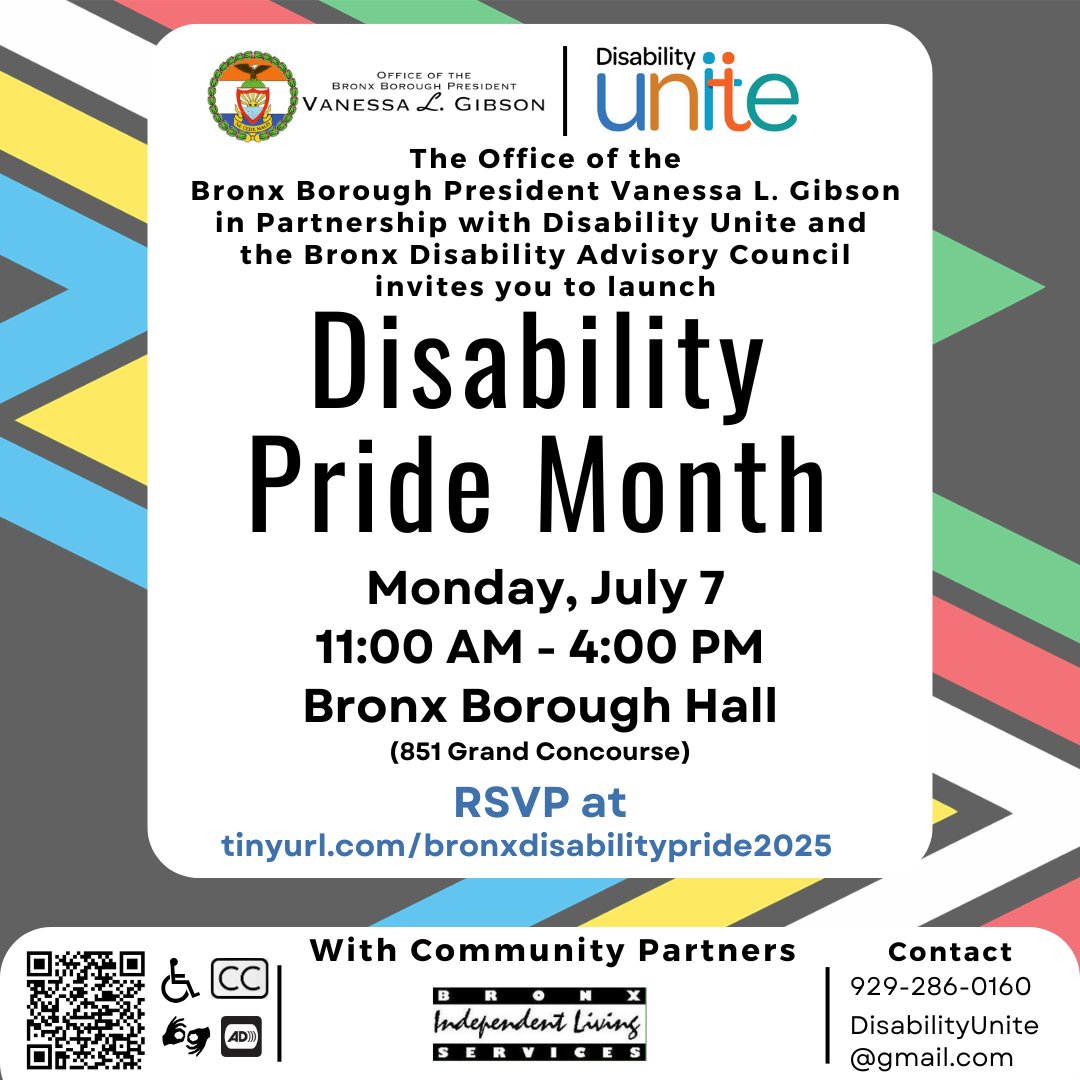 RFK_Center's tweet image. Exciting event alert! Launching Disability Pride Month in the Bronx on Mon, July 7th at Bronx Borough Hall, 11am-4pm. Partners : @bronxbp @DisabilityUnity
RSVP : tinyurl.com/bronxdisabilit……
@NYCDisabilities @bronxbp @nycgov
#DisabilityPrideMonth #DisabilityPrideEvent #Disability