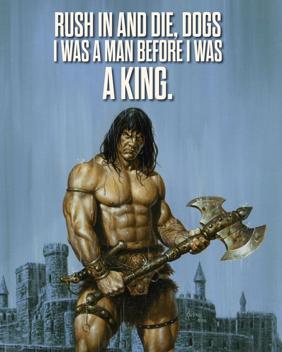 conanbycrom's tweet image. What say you, Cimmerian warriors? Does this quote ring true to your battle-hardened hearts? Speak your mind in the comments, and let your voices be heard!
Artist: Joe Jusko
#conan #conanthebarbarian #swordandsorcery #robertehoward #quote