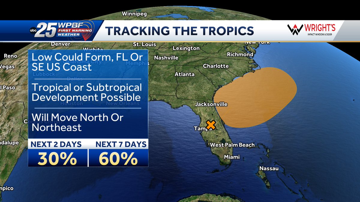 An area of low pressure could form over Florida or along the SE coast of the U.S. over the weekend.  A Depression is possible.  Movement will be north or northeast (away from Florida).  Chance for development is 60%.
IN THE TROPICS