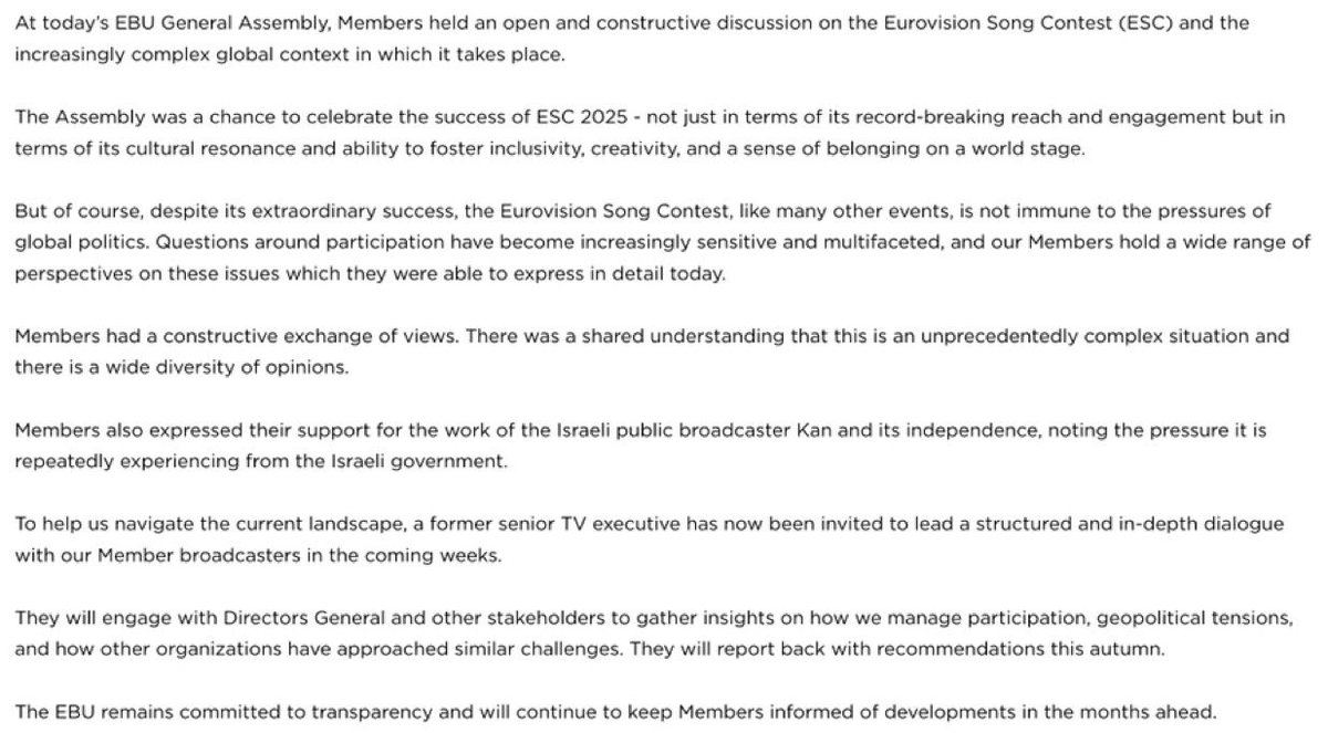 EurovisionNewZ's tweet image. 🚨The EBU released an official statement on today’s discussions:
“Members expressed their support to KAN and their work and effort along Israel’s government pressure”