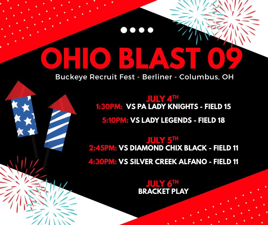 🇺🇸Come check us out in
Columbus, OH this Fourth of July weekend at Buckeye Recruit Fest

Catch me, #33 in the circle or holding it down at 1B.

🎇 Ready to bring the fireworks!
<a href="/AshlandUSball/">Ashland University Softball</a> <a href="/CoachJLPrice/">Jackie Price</a> <a href="/ValkyriesSB/">Converse University Softball</a> <a href="/CoachJackieHuff/">Coach Jackie Huff</a> <a href="/taylor_watford_/">Taylor Watford</a> <a href="/tbullard71/">Tanner Bullard</a> <a href="/SHUgriffinsSB/">Seton Hill Softball</a>