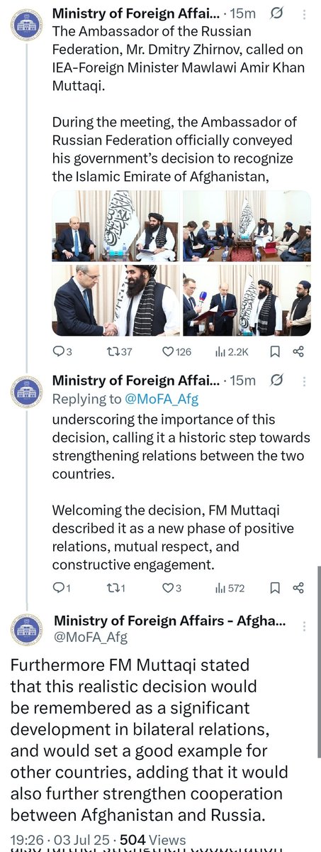 𝗥𝘂𝘀𝘀𝗶𝗮 𝗥𝗲𝗰𝗼𝗴𝗻𝗶𝘇𝗲𝘀 𝗧𝗮𝗹𝗶𝗯𝗮𝗻 𝗚𝗼𝘃𝗲𝗿𝗻𝗺𝗲𝗻𝘁
The Taliban’s Ministry of Foreign Affairs announced that the Russian Ambassador, in a meeting with Foreign Minister Mawlawi Amir Khan Muttaqi, officially conveyed Moscow’s decision to recognize the Islamic