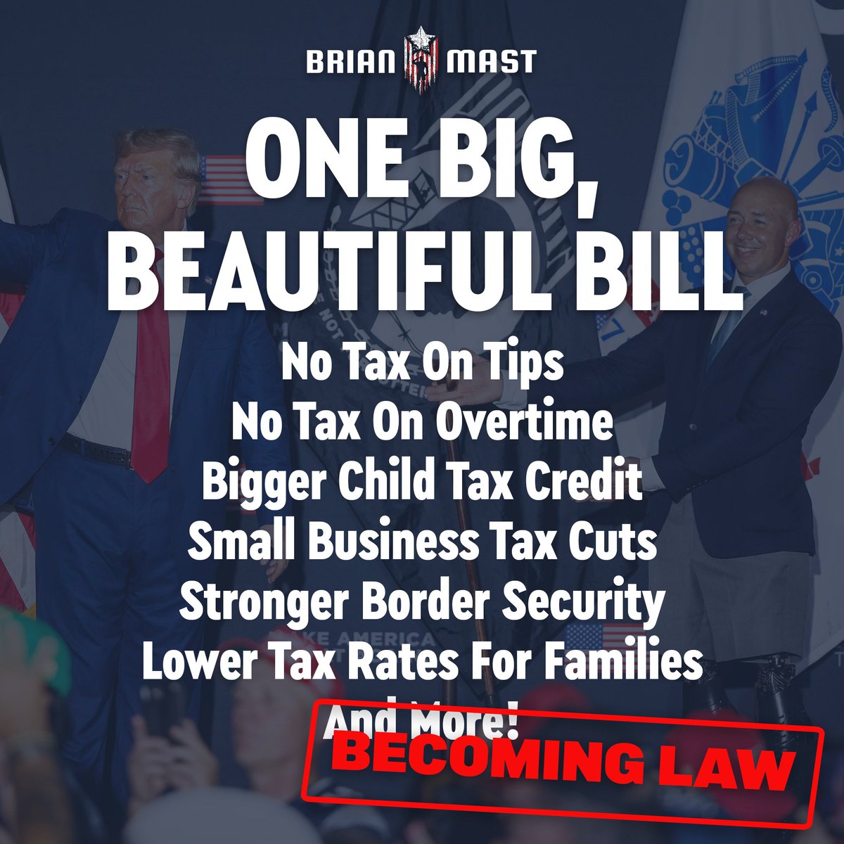 President Trump’s One Big, Beautiful Bill—packed with tax cuts, border security, and relief for working Americans—just passed Congress and is now headed to his desk!

We're putting America First in a way we haven’t seen in a very long time.