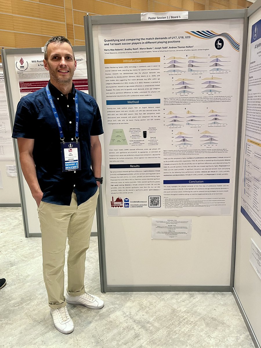 SurreySportSci's tweet image. # ECSS2025 day 3: @HarryMaxRoberts presenting his poster on match demands in academy and 1st team football players ⚽️🏃♂️@E_C_S_S @UniSurreyBioSci