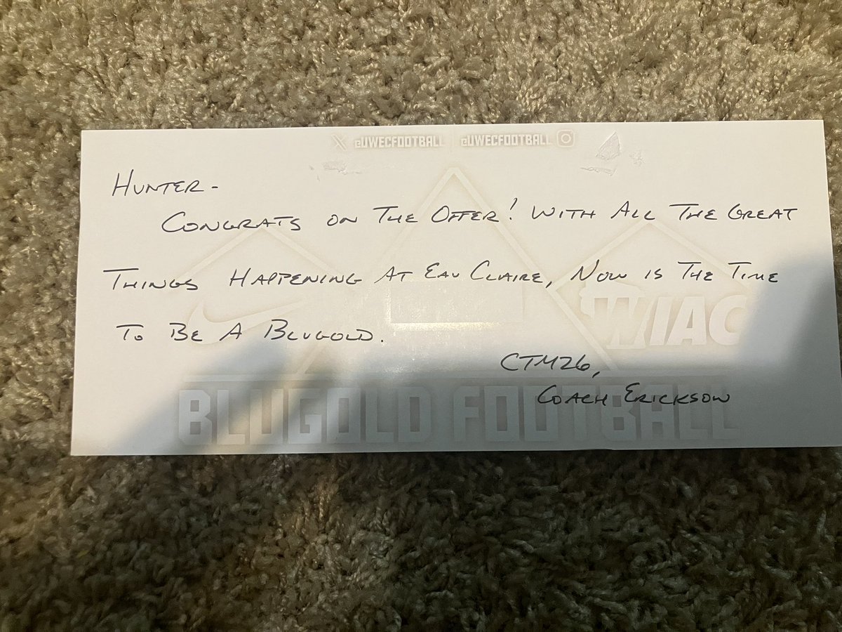 HunterMoore73's tweet image. Thanks to @CoachE_Blugolds for the letter. Looking forward to getting back on campus and continuing to build a connection.