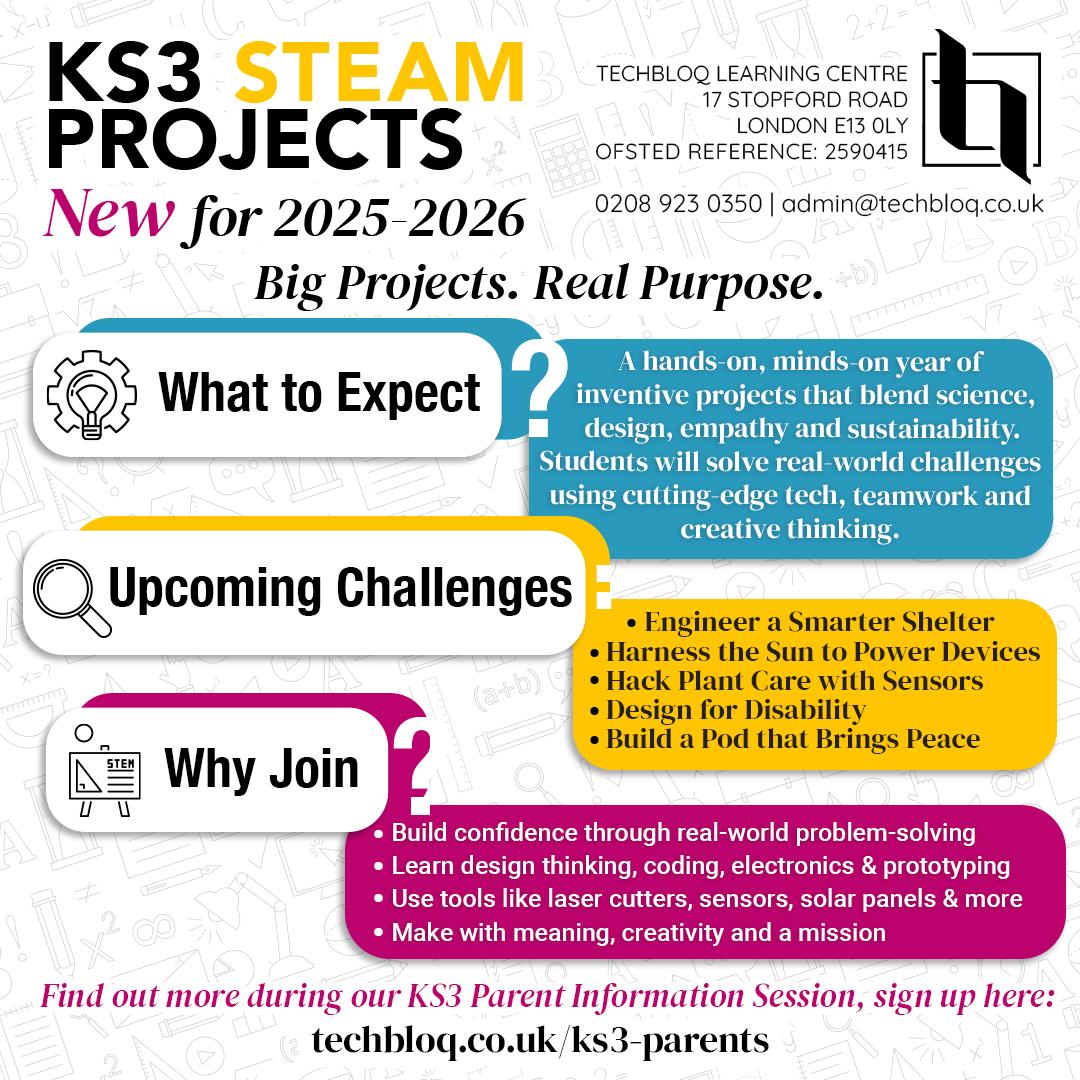 Tech_Bloq_'s tweet photo. 🚀 NEW for KS3: Big Projects with Real Purpose!
From solar chargers to shelters, our 2025 STEAM workshops empower students to solve real-world problems with creativity &amp; heart.
💡 Innovation. Empathy. Change.
🎟️ Limited spots → https://t.co/C58k4yb6Ps
#KS3 #STEAMlearning #HomeEd https://t.co/hJLQtHsB4c