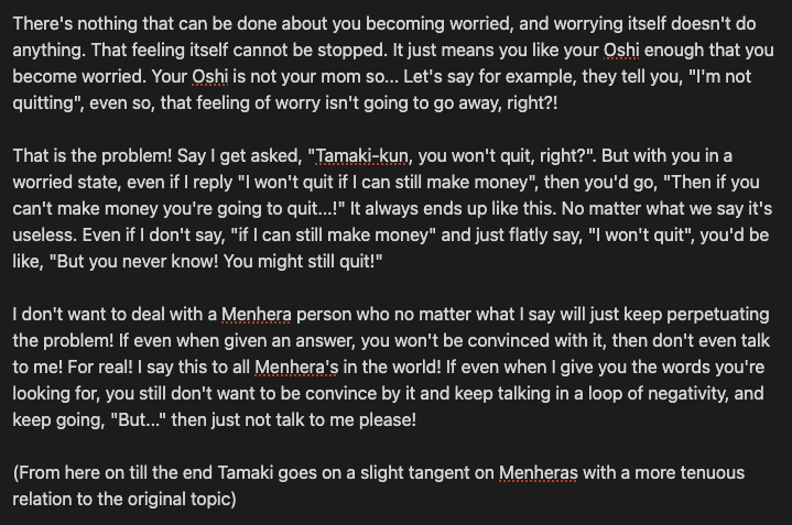 Inuyama Tamaki's opinion on asking streamers 
"You won't quit too, right?"

-like a CURSE
-leading Q to make them say "I won't quit"
-unfair… forces pained feelings on who it's asked to
-may burden Oshi's mental health
&amp; more

🇯🇵clip:
youtu.be/hA5SG_18fag

Full TL in images⬇️