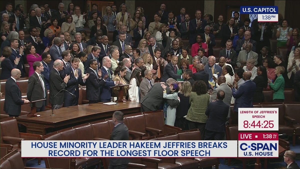 July 2-3, 2025: Two records were set in the U.S. House over the past 24 hours:

Longest floor vote: 7 hours and 24 minutes (July 2 - procedural vote on Trump's OBBB)

Longest floor speech: 8 hours and 44 minutes by Jeffries in his "magic minute" opposing OBBB (July 3)