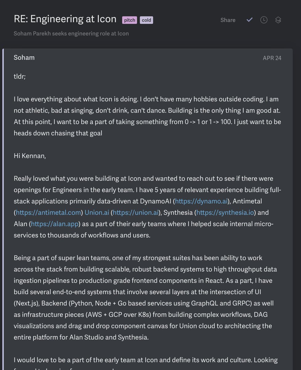 This email format landed him jobs at 100+ YC startups.

I would use this format if I ever needed to apply in the CS field again.