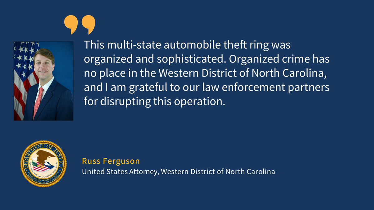 Unsealed indictment charges three men with stealing dozens of high-end and luxury vehicles worth over $5 million.
w/ <a href="/SecretService/">U.S. Secret Service</a> <a href="/CMPD/">CMPD News</a> 

justice.gov/usao-wdnc/pr/u…