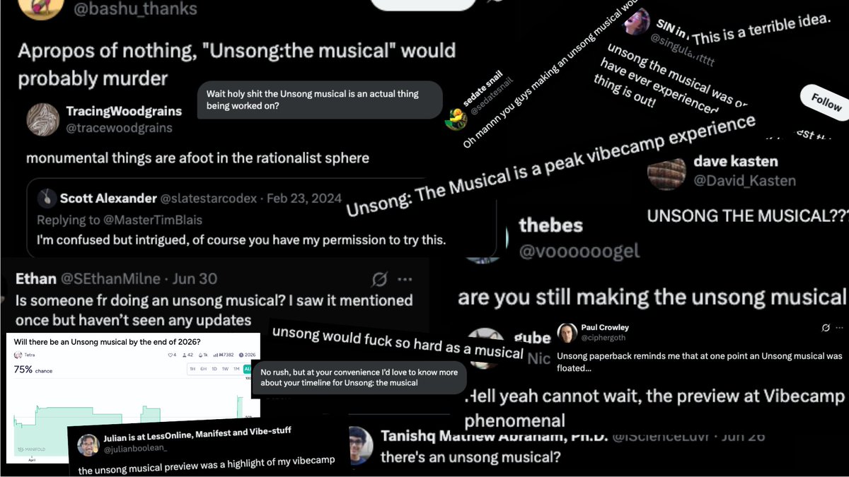 hi. yes, Unsong The Musical is real and being made by me and @mastertimblais.

If you want progress updates / to know when it's ready:
* sign up for emails here: subscribepage.io/EbgHOl  
* follow <a href="/UnsongMusical/">Unsong: The Musical</a> on Twitter

repost if you like unsong. 

thanks, Bashu.