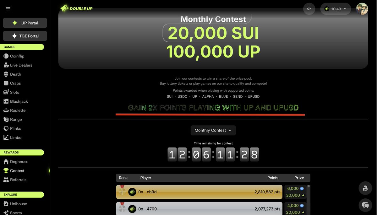 ICYMI: GAIN 2X POINTS PLAYING WITH $UP AND $UPUSD IN BOTH OUR WEEKLY &amp; MONTHLY CONTESTS!

We appreciate all of the positive feedback from our launch of UPUSD, so why not reward you all with a little extra!

Don't miss out on your chance to get a piece of our $142k USD prize pool