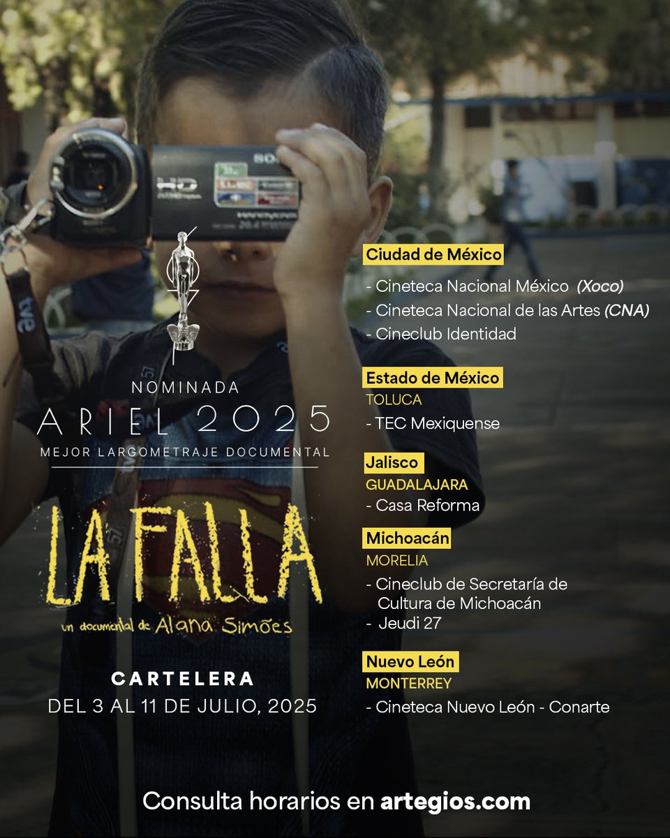 ¡Ve en cines #LaFalla, nominada al premio #Ariel2025 como mejor largometraje documental! 

Una película que nos lleva al interior de un aula con niñas y niños donde educar ahora es resistir en un contexto atravesado por la violencia.

Consulta horarios en artegios.com