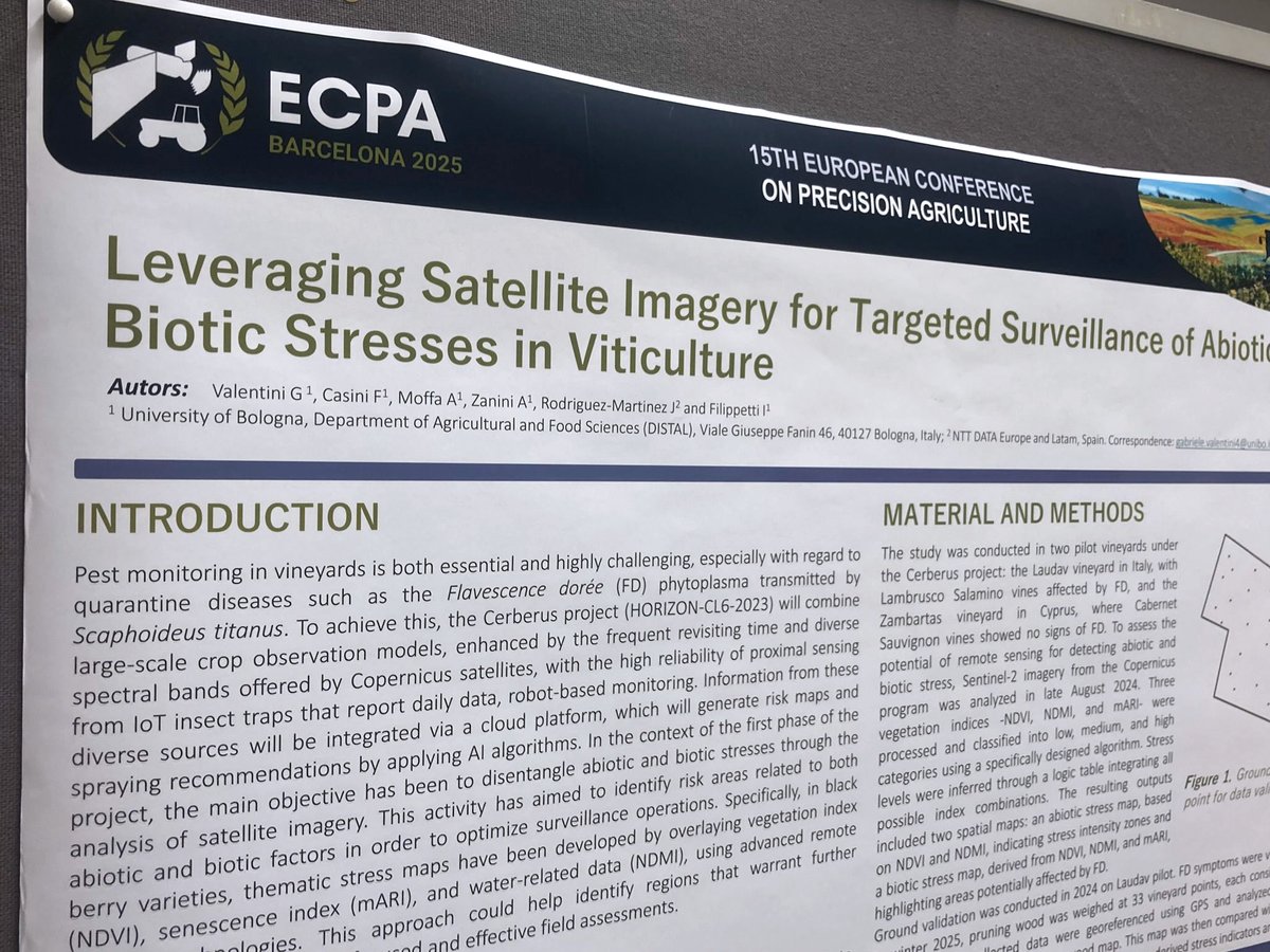 CerberusEU's tweet photo. 🍇 At @ecpa2025 , #Cerberus showed how we’re using 🛰️ @CopernicusEU  data to detect stress in vineyards.
✅ NDVI, NDMI, mARI
📊 Biotic &amp; abiotic stress maps
📍 Pilots in 🇮🇹 &amp; 🇨🇾
🎯 Targeted monitoring + early alerts

📄 Poster #39: https://t.co/a4rkLia3hQ https://t.co/bAQDtwQDH9