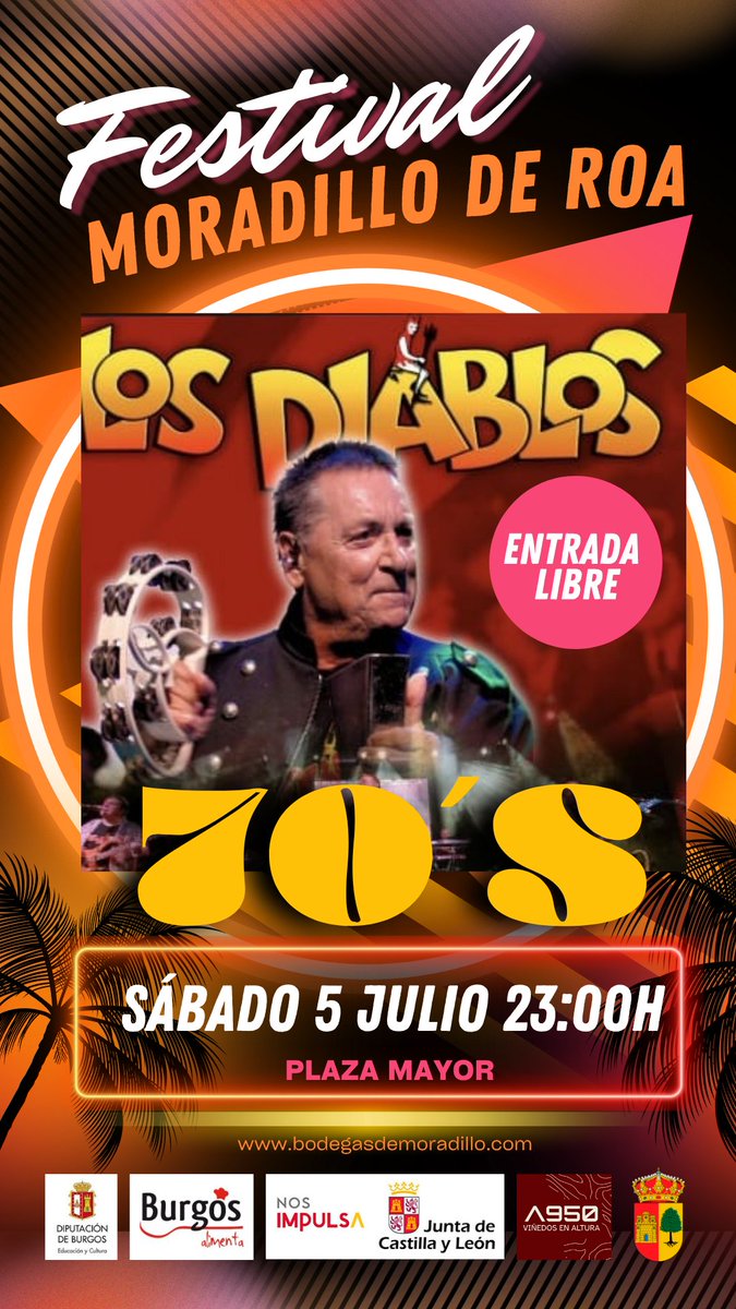 💥🎶𝐋𝐨𝐬 𝐃𝐢𝐚𝐛𝐥𝐨𝐬 𝐞𝐧 𝐌𝐨𝐫𝐚𝐝𝐢𝐥𝐥𝐨 𝐝𝐞 𝐑𝐨𝐚 🎶💥
Sábado 5  julio 23:00h en la Plaza Mayor #MoradilloDeRoa🍷 Disfruta de #canciones inolvidables como “Un rayo de sol”, “Fin de semana” o “Rosana” ¡Te esperamos!