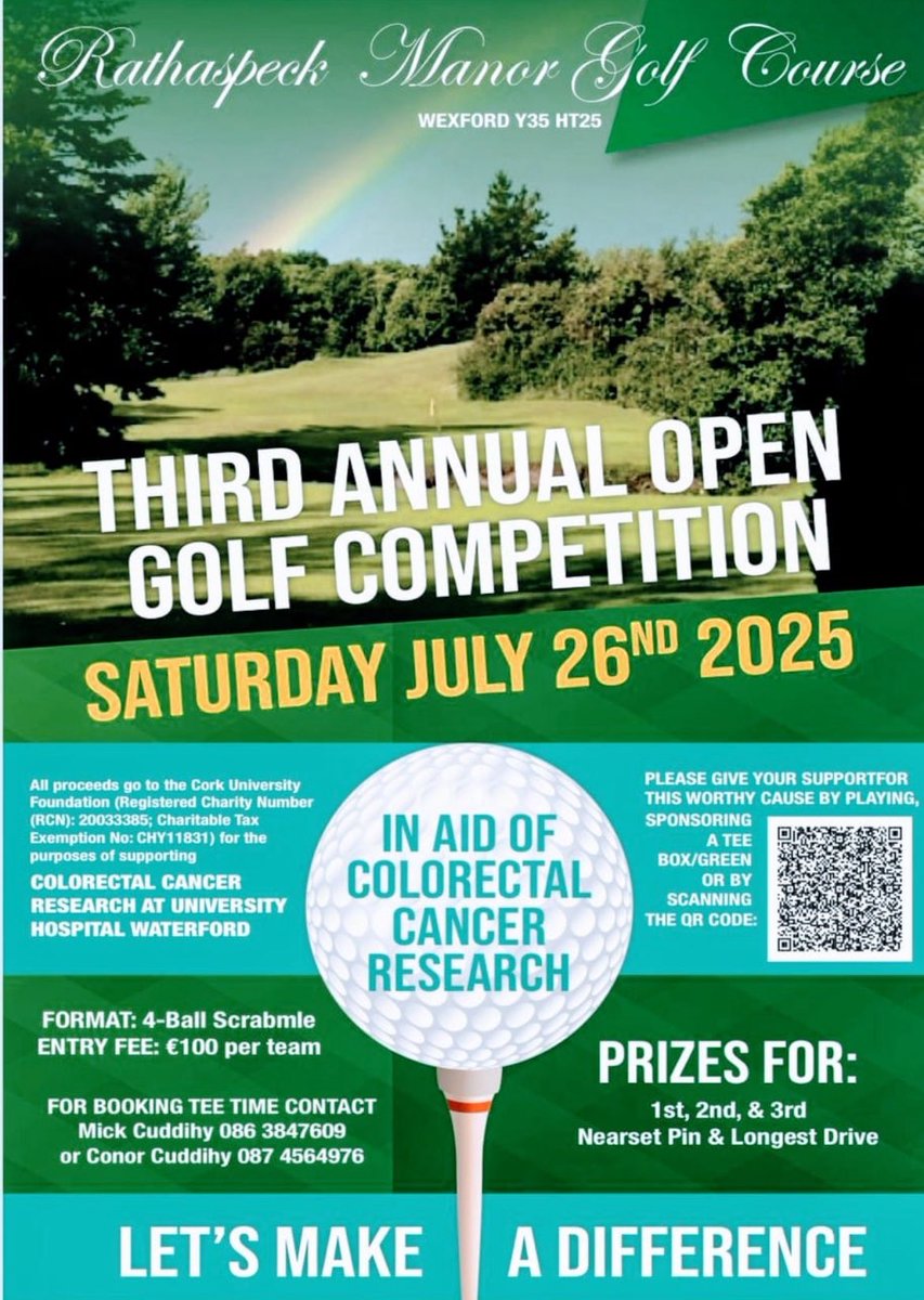 SurgeryUhw's tweet image. All welcome to the III Annual @UHW_Waterford Golf Classic @Rathaspeckmanor on Sat July 26th in aid of Colorectal Cancer Research. Donations really appreciated via QR link below.
