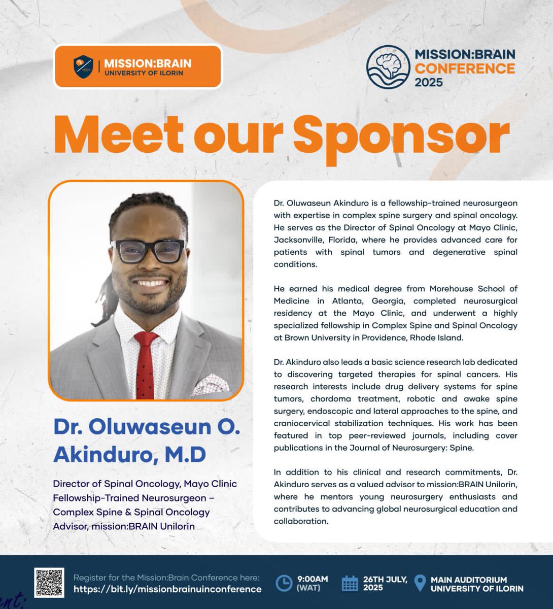 missionbrainuin's tweet image. &quot;Meet Dr. Oluwaseun O. Akinduro, Director of Spinal Oncology at Mayo Clinic! 🧠💡 He&apos;s a sponsor of Mission:BRAIN Conference! Secure your spot: bit.ly/missionbrainui… 
Join the community: chat.whatsapp.com/LeMFgJSK0pPIEF… #BrainHealth&quot;