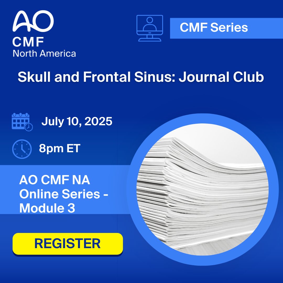Don't miss the AO CMF NA Online Series 3 on Skull and Frontal Sinus!

🗓️ Date: Thursday, July 10, 2025  
⏰ Time: 8 PM ET

Featuring Drs. Dina Amin, Sarah Frommer, Tim Doerr, and Hisham Marwan

🔗 More info: go.aona.org/CMF_OnlineSeri…