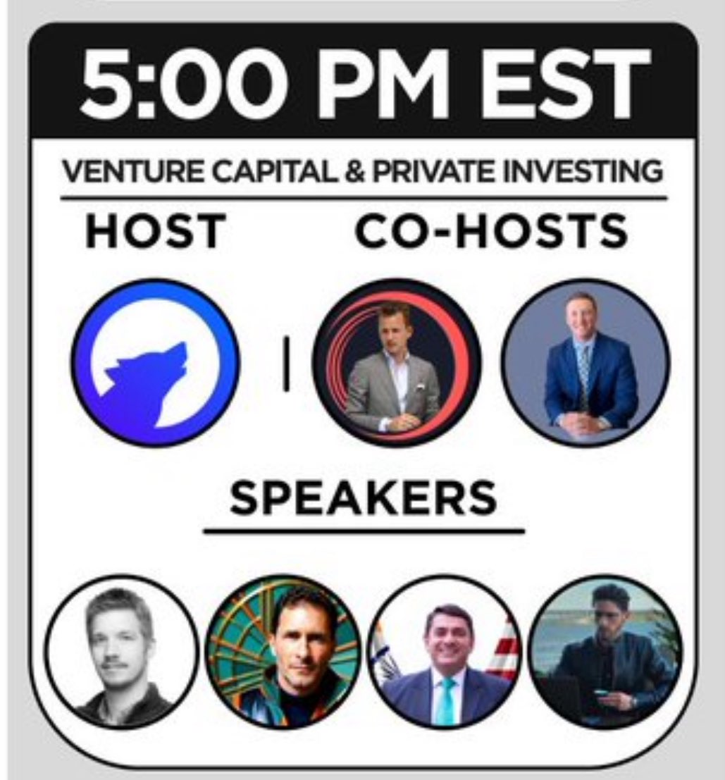 I’m going to <a href="/WOLF_Financial/">WOLF</a>’s upcoming Space. Will you join too? x.com/i/spaces/1lDxL…

Set a reminder for our space on Thursday at 5 PM EST!

TOPIC: Venture Capital &amp; Private Investing

SPACE: x.com/i/spaces/1lDxL…

HOST: <a href="/WOLF_Financial/">WOLF</a>

Co-Hosts:
<a href="/KyleSonlin/">Kyle Sonlin</a>