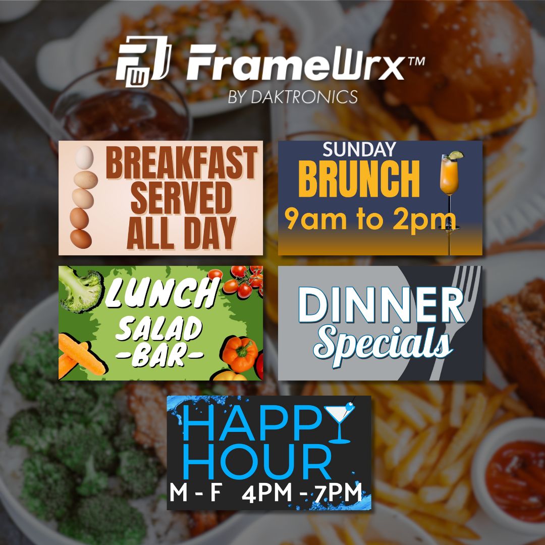 Daktronics's tweet image. Showcase your dining hours with #FrameWrx! From breakfast specials to late-night bites, FrameWrx has the perfect templates to highlight your restaurant’s hours. Purchase your templates and start creating: ow.ly/hALx50Wiu70 #DakDisplays #LEDSigns