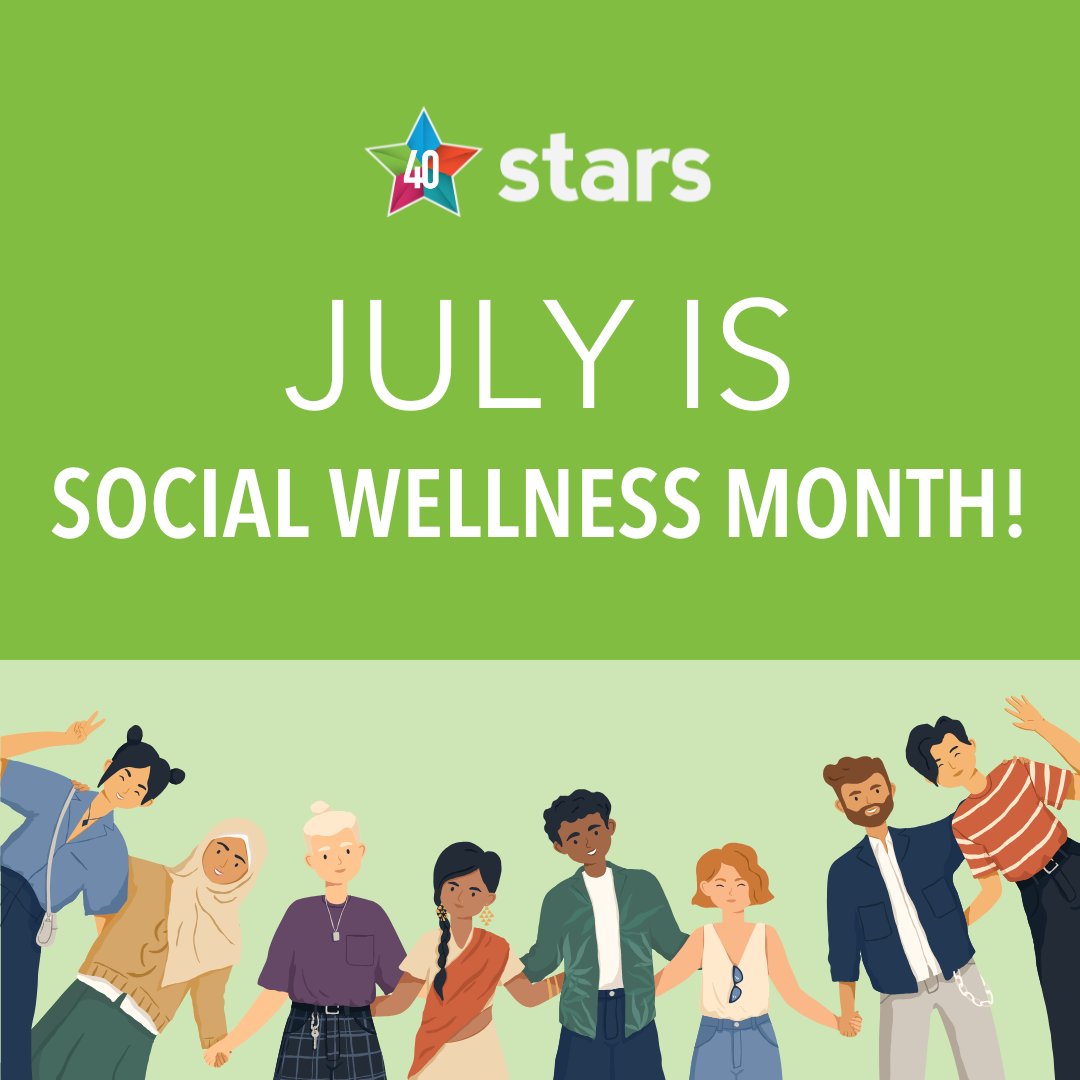 July is #SocialWellnessMonth! Use this time to break out of your comfort zone, network, meet new folks, plan activities and events, and focus on all the amazing benefits of #socialwellness