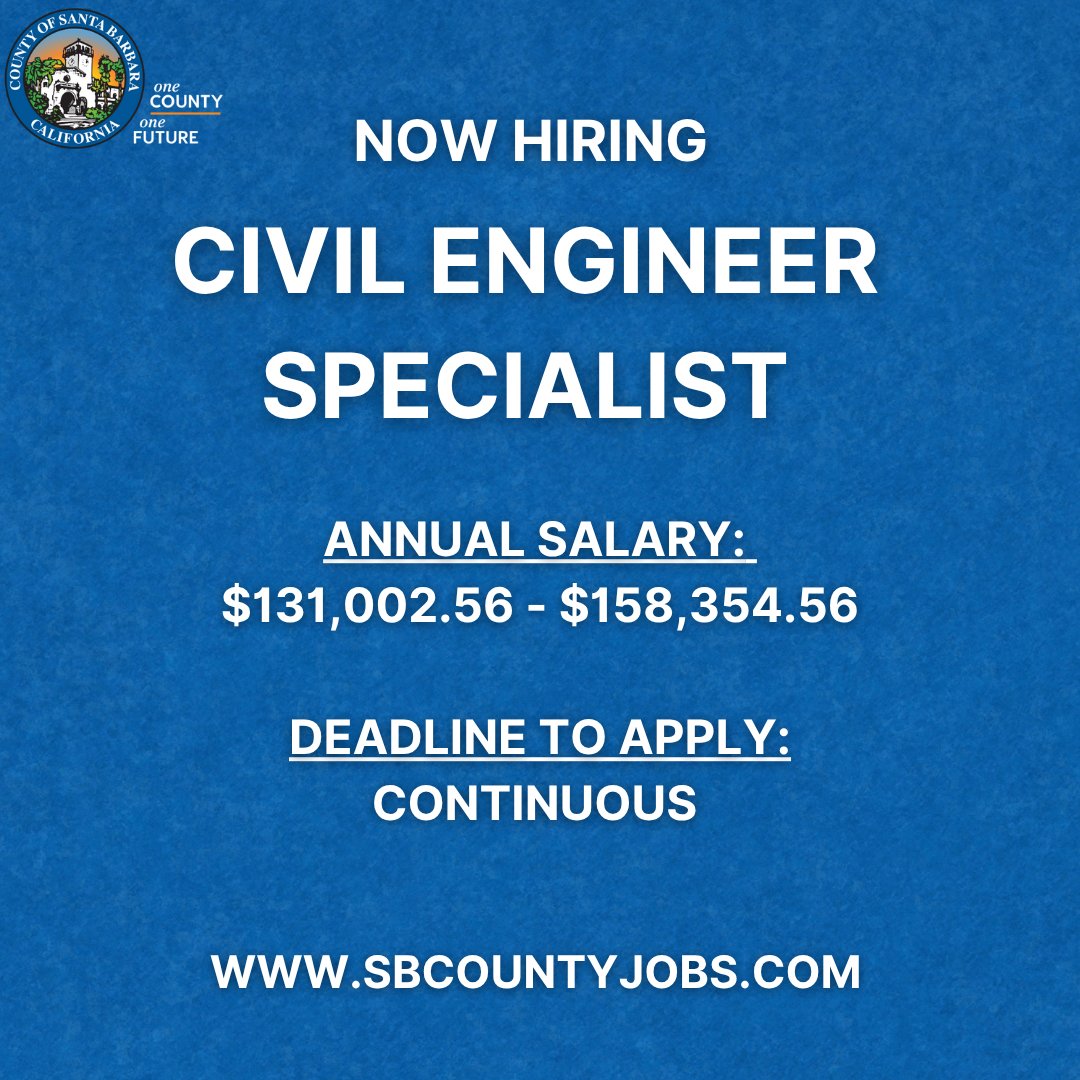 CountySBCareers's tweet image. The County of Santa Barbara is accepting applications to fill 2 full-time Civil Engineer Specialist vacancy in the Transportation Division in Santa Maria or Santa Barbara. Please visit SbCountyJobs.com. This recruitment is open until filled. #NowHiring #SantaBarbara